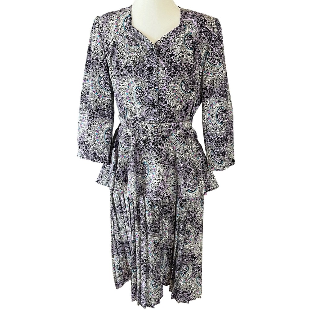 Winning Ticket Vtg 80s Purple Paisley Peplum Pleated Midi‎ Dress Womens Size 10